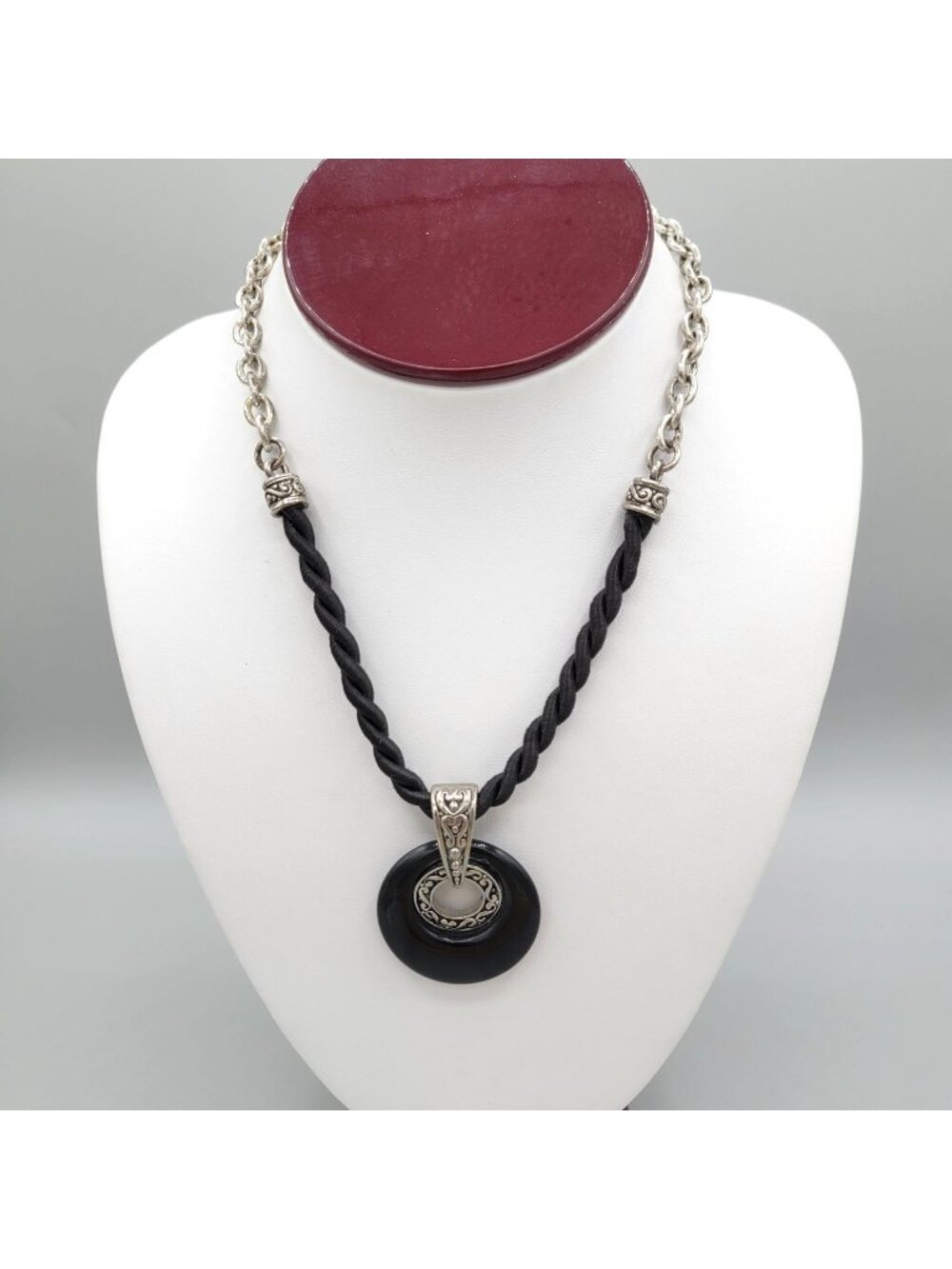 Black Circular Pendant Necklace Silver Tone Accents Braided Cord Design 18"